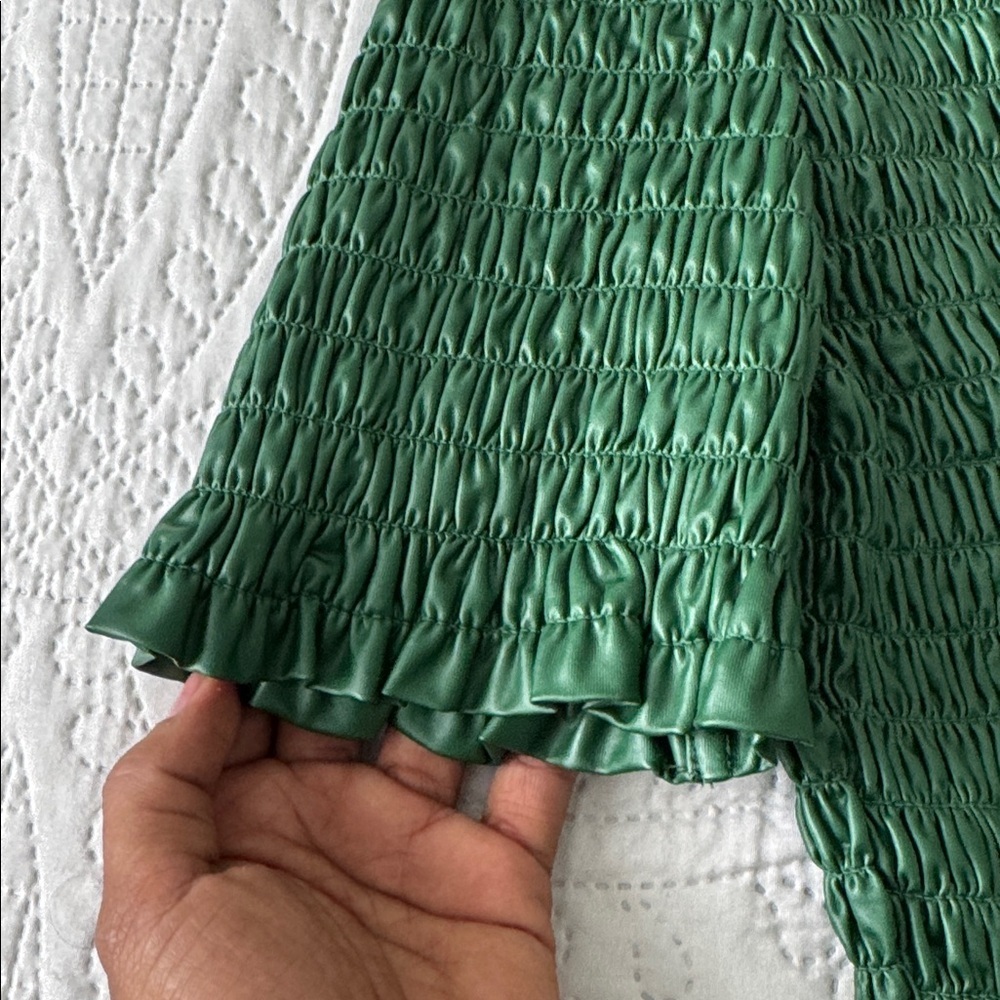 ZARA Emerald Pleated Short Sleeve peplum leather blouse size small - Picture 5 of 8